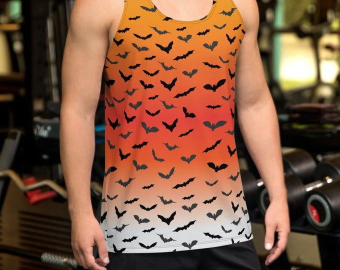 Mens HALLOWEEN TANK TOP Halloween Bat Tank Top Orange and Black Ombre All Over Print Tank Top for Men Halloween Tank Top Sleeveless Tank Top