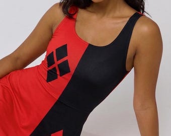 Harlequin Dress: Red & Black Harley Quinn Costume, Bodycon or Skater Style