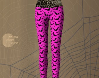 Halloween BAT LEGGINGS Womens Halloween Yoga Leggings Pink and Black Leggings Spiderweb Yoga Pants Printed Leggings HALLOWEEN Clothing