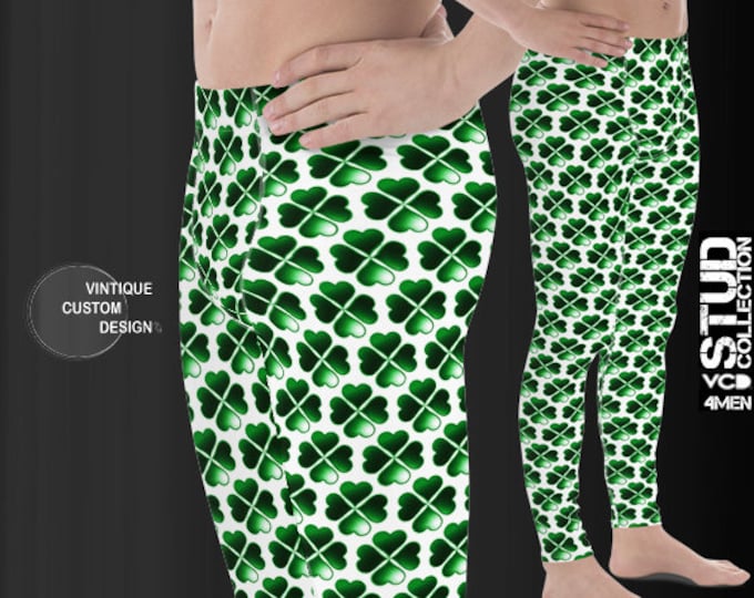 SHAMROCK Leggings Mens Four Leaf CLOVER Printed Yoga Pants St. Patrick's Day Meggings Mens Leggings Green and White St. Patty's Day Pants