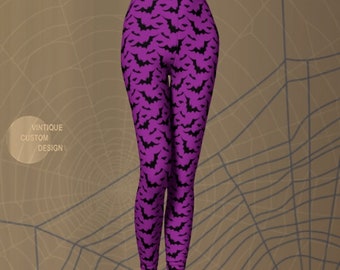 Purple Bat Print Leggings: Halloween Yoga Pants