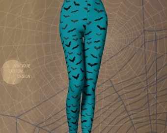 Teal Halloween Leggings: Women's Black Bat Print Yoga Pants