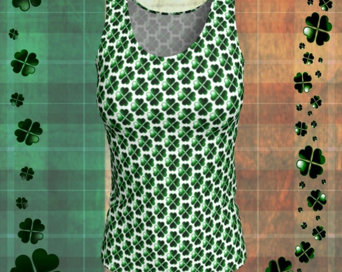 SHAMROCK Green & White CLOVER Pattern Tank TOP Sleeveless Shirt Womens Tank Top St. Patricks Day Top Four Leaf Clover Top St. Pattys Day Top