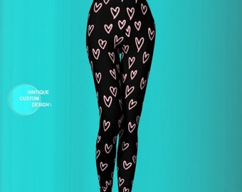 Heart Print Leggings: Pink & Black Yoga Pants for Women