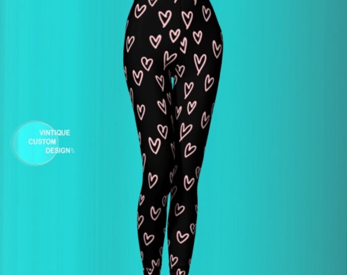 VALENTINES LEGGINGS WOMENS Pink and Black Heart Leggings for Women Yoga Leggings Yoga Pants Heart Leggings Gift for Her Gift for Wife