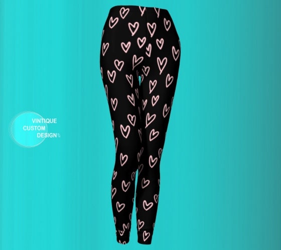 VALENTINES LEGGINGS WOMENS Pink and Black Heart Leggings for Women