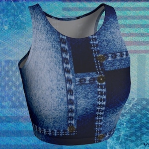 Faux Denim Crop Top: Women&#39;s Printed 80s Fashion Yoga Top