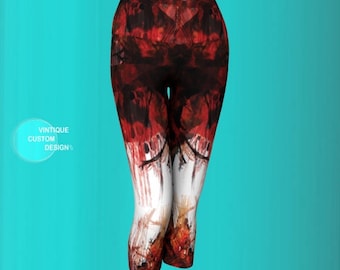 Red & White Print Capri Leggings: Women's Yoga Workout Pants