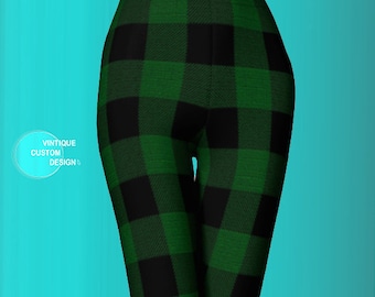 Green & Black Buffalo Plaid Leggings: High Waist Yoga Pants