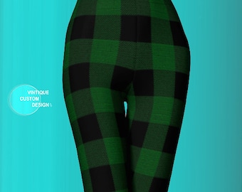 BUFFALO PLAID LEGGINGS Green Black Buffalo Check Plaid Yoga Leggings Womens Plaid Yoga Leggings St. Patricks Day Leggings Green Leggings