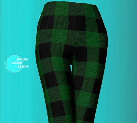 BUFFALO PLAID LEGGINGS Green Black Buffalo Check Plaid Yoga