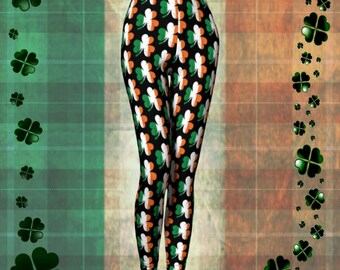 Irish Flag SHAMROCK LEGGINGS Irish Three Leaf CLOVER Printed Leggings for Women St. Patricks Day Leggings St. Pattys Day Yoga Pants Womens