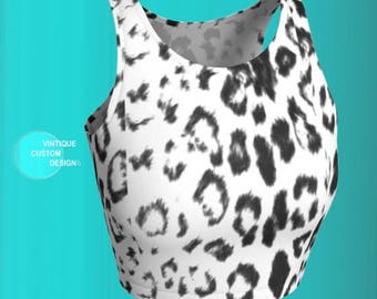 Snow Leopard Print Crop Top: Black and White Athletic Wear