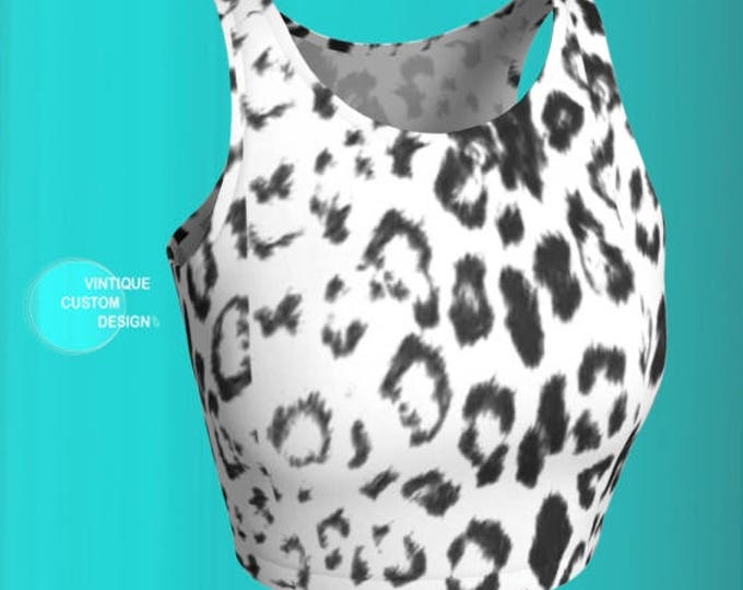 Snow LEOPARD Top Black and White Cheetah CROP TOP Womens Animal Print Work Out Clothing Yoga Top Festival Clothing Burning Man Top for Women