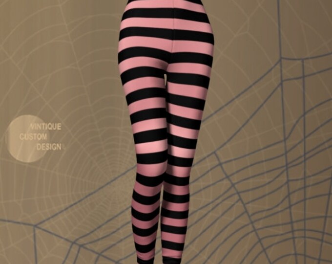 WITCH LEGGINGS Women's Halloween Leggings Pink and Black Striped Leggings Yoga Leggings Women's Yoga Pants Designer Fashion Leggings Cosplay