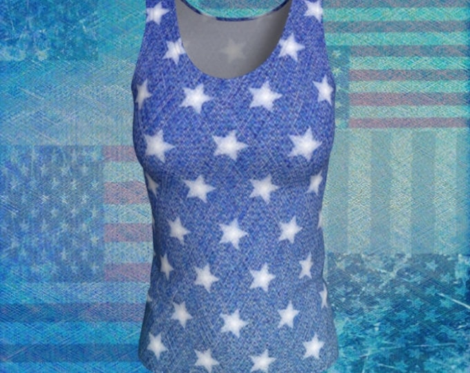 USA TANK TOP Womens Tank Top Patriotic Independence Day Faux Denim Star Top Women's Work out Clothing Gym Clothing Fitness Clothing Women's