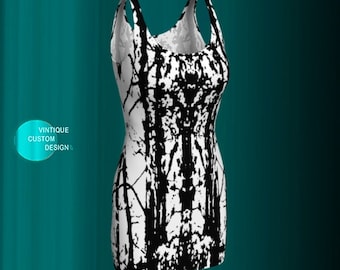 Black and White Bodycon Dress: Designer Art Print Mini Dress