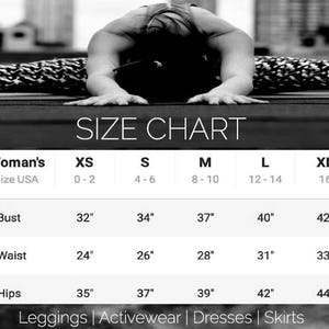 May include: Size chart for women's clothing with measurements in inches. The chart includes sizes XS, S, M, L, and XL, with corresponding bust, waist, and hip measurements.