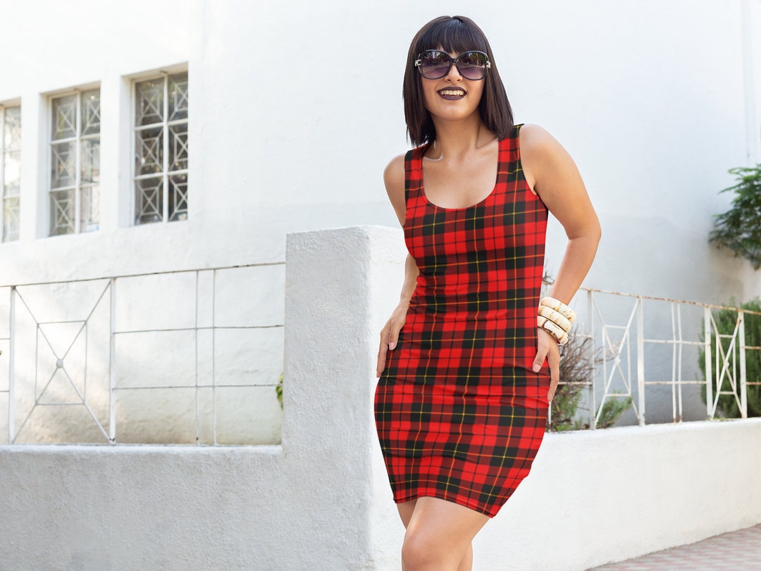 red plaid bodycon dress Red Tartan PLAID DRESS Body-con Dress Flare Dress WOMENS Red Tartan Plaid  Dress Punk Dress 90's Dress Designer Fashion Dress for Women
