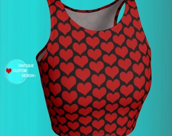 Red Heart Print Crop Top: Women's Athletic Yoga Shirt