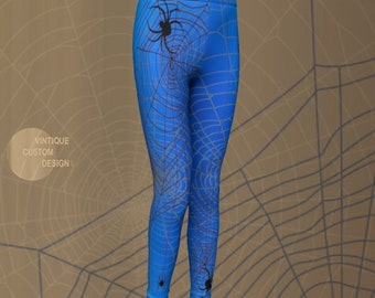 Spider Web Halloween Leggings: Blue & Black Kids Activewear