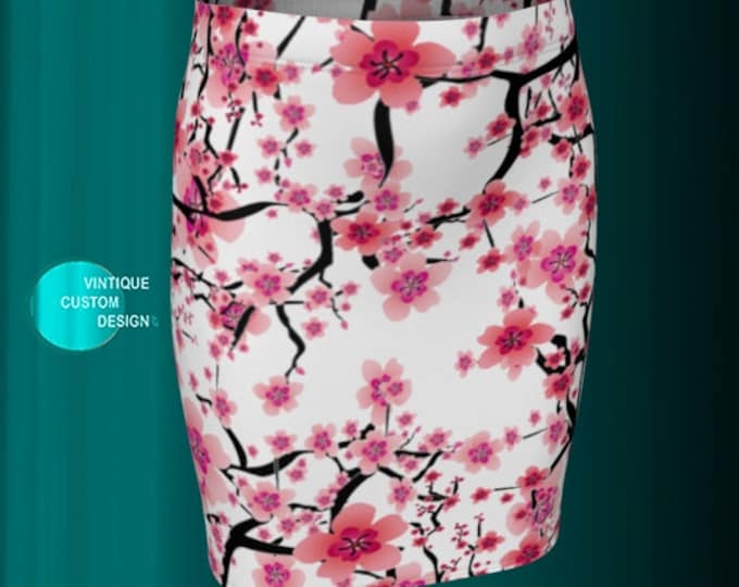 Pink and White FLORAL SKIRT Cherry Blossom Skirt for Women Womens Designer Skirts Womens Clothing Fitted Skirt or Flare Skirt Floral Skirts