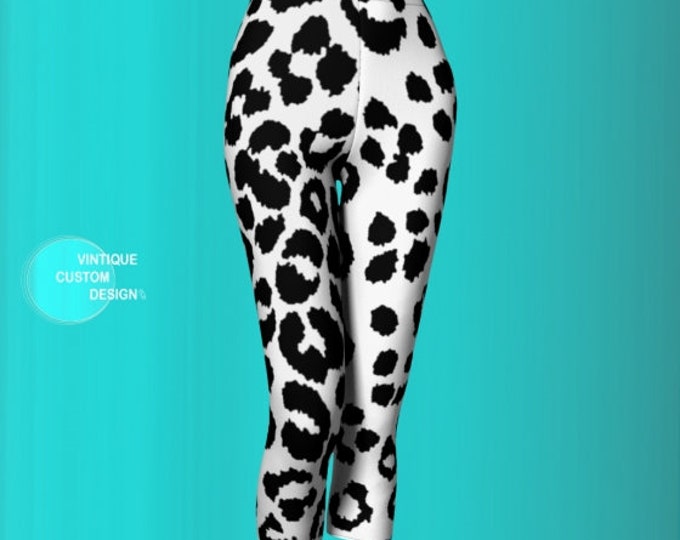 Snow Leopard Cheetah Print Leggings Black and White Animal Print Capri LEGGINGS WOMENS Capri Leggings Yoga Pants Women's Yoga Capri Leggings