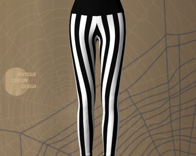 Black and White STRIPED YOGA PANTS Halloween Leggings Women's Striped Yoga Leggings Halloween Costume Leggings Beetle Juice Leggings Cosplay