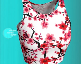 Floral Cherry Blossom Print Crop Top: Women's Athletic Wear
