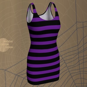 HALLOWEEN DRESS WOMENS Purple and Black Striped Bodycon Dress Womens Fashion Dress Designer Dress Wednesday Adams Pastel Goth Dress Slim Fit