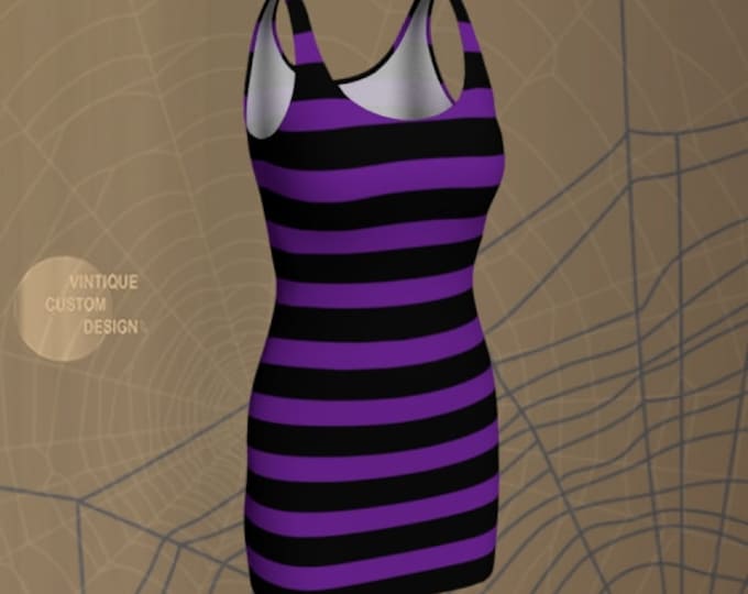 HALLOWEEN DRESS WOMENS Purple and Black Striped Bodycon Dress Womens Fashion Dress Designer Dress Wednesday Adams Pastel Goth Dress Slim Fit