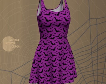 Bat Print HALLOWEEN DRESSES WOMENS Fit or Flare or Bodycon Styles Available in Pink Purple or Orange and Black Print Designer Fashion Dress