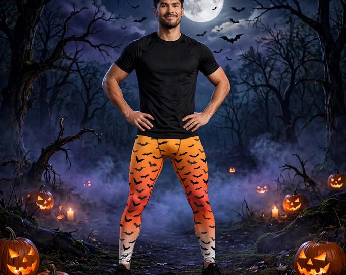 Mens Bat Print Leggings: Halloween Yoga Pants