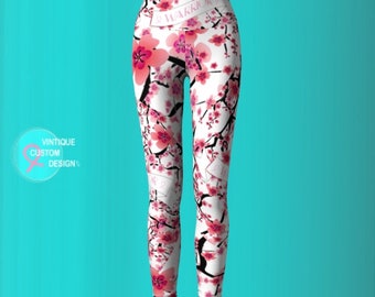 Womens Cherry Blossom BCAM Pink Ribbon YOGA LEGGINGS Warrior Ribbon Survivor Gift for Women Work Out Yoga Pants Pink and White Floral Print