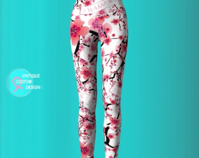 Womens Cherry Blossom BCAM Pink Ribbon YOGA LEGGINGS Warrior Ribbon Survivor Gift for Women Work Out Yoga Pants Pink and White Floral Print