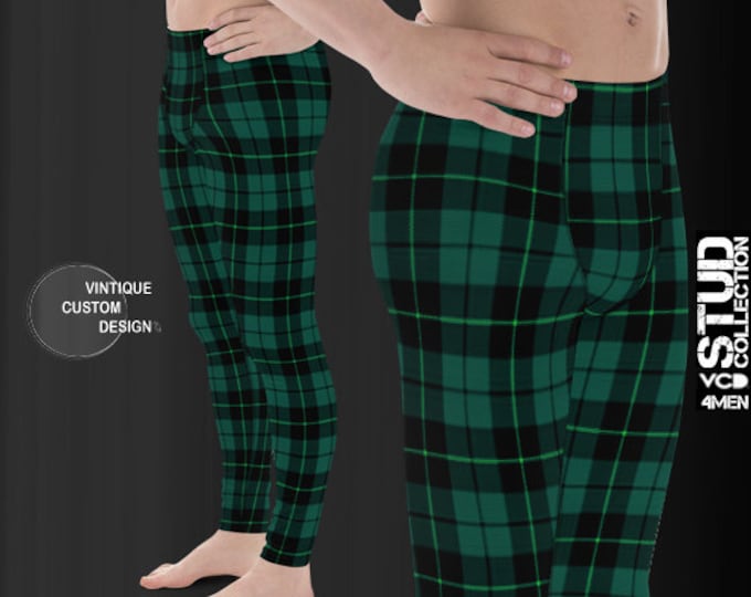 YOGA PANTS MENS Green Tartan Plaid Yoga Leggings for Men Christmas Leggings Mens Yoga Pants Tartan Plaid Yoga Leggings Printed Leggings Mens