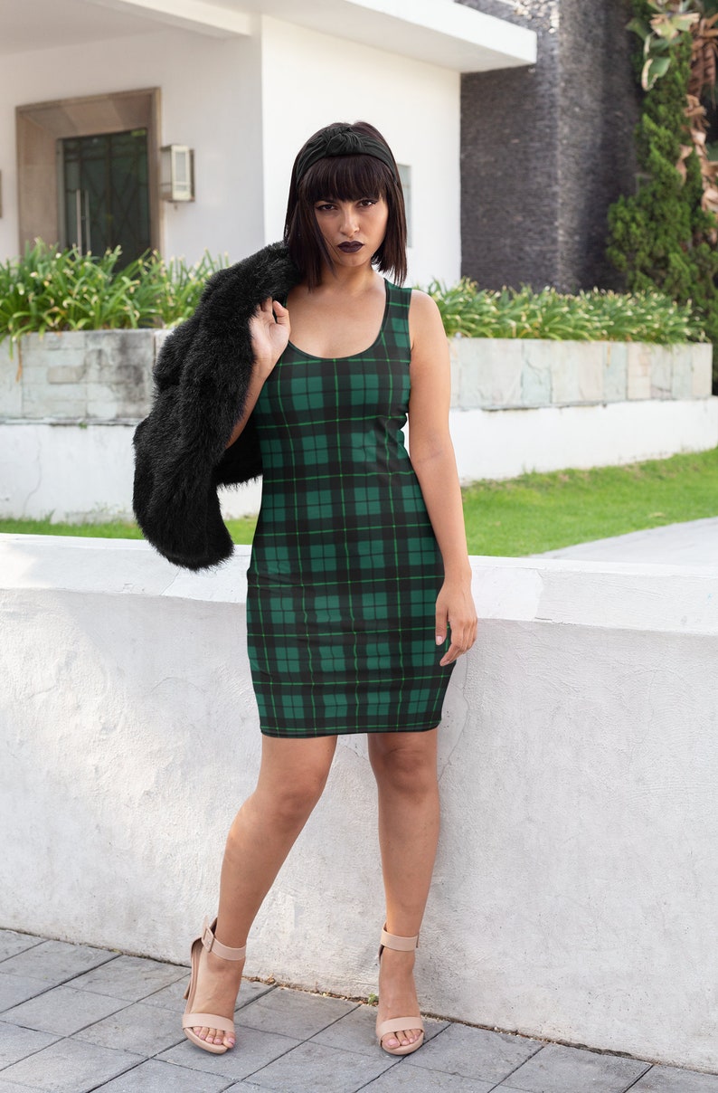 GREEN Tartan PLAID DRESS Womens Tartan Plaid Designer Bodycon Dress Mini Dress Sexy Mini Dress Womens Clothing Plaid Dresses Christmas Dress image 3