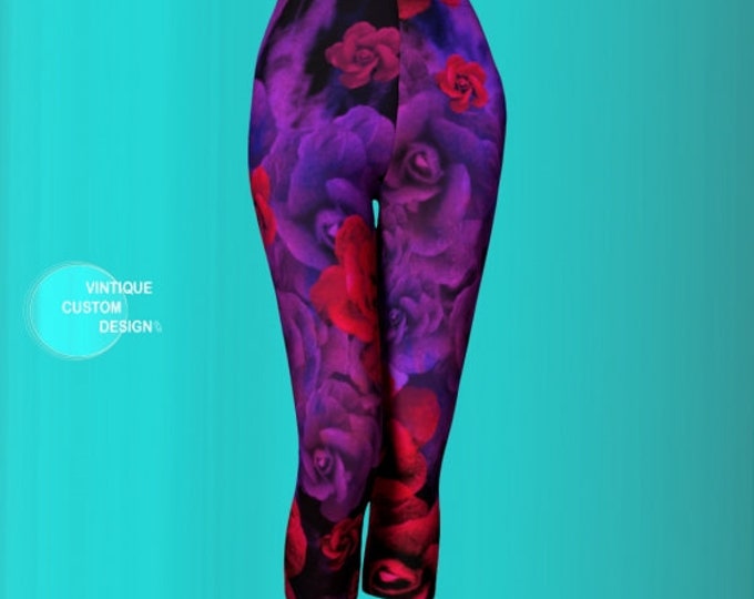 Floral Rose LEGGINGS WOMENS Yoga Capri Leggings Yoga Pants Purple and Red Flower Leggings Workout Leggings Running Tights Women's Yoga Pants