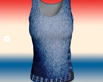 Faux Denim Print Tank Top: Women's Sleeveless Workout Top