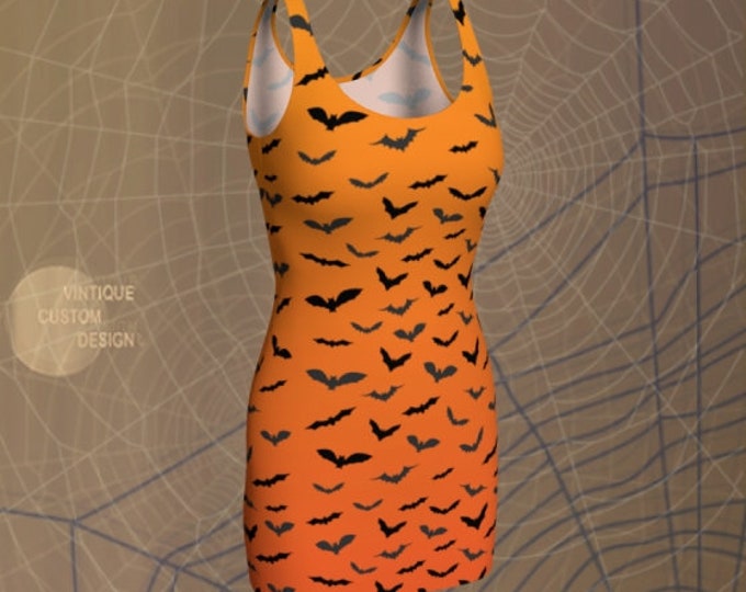 Bat HALLOWEEN DRESS Womens Halloween Dresses Fit and Flare or Bodycon Styles Orange Black Bat Printed Designer Dress Costume Dress Womens