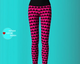 PINK HEART LEGGINGS Yoga Leggings Yoga Pants Womens Valentines Day Leggings Heart Printed Leggings Pink and Black Designer Fashion Leggings