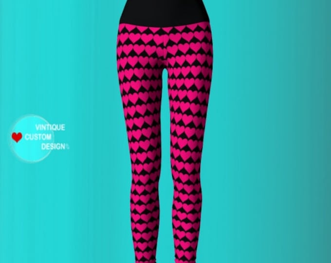 PINK HEART LEGGINGS Yoga Leggings Yoga Pants Womens Valentines Day Leggings Heart Printed Leggings Pink and Black Designer Fashion Leggings