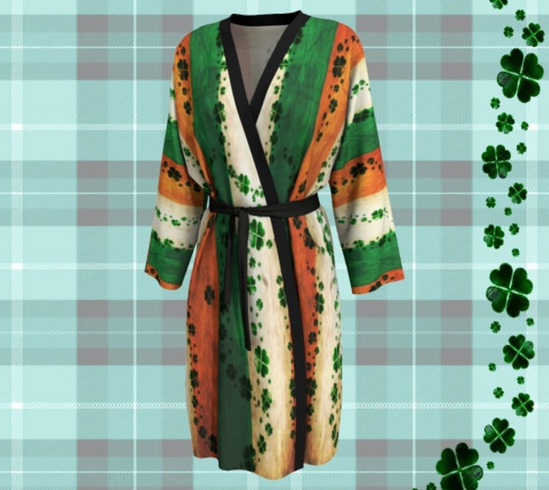 Saint Patrick Robe St. Patricks Day Kimono ROBE Womens Long Peignoir Kimono Robe Shamrock ...