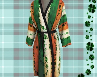 St. Patricks Day Kimono ROBE Womens Long Peignoir Kimono Robe Shamrock Clover Robe Saint Patricks Robe Saint Patties Day Irish Flag Clothing