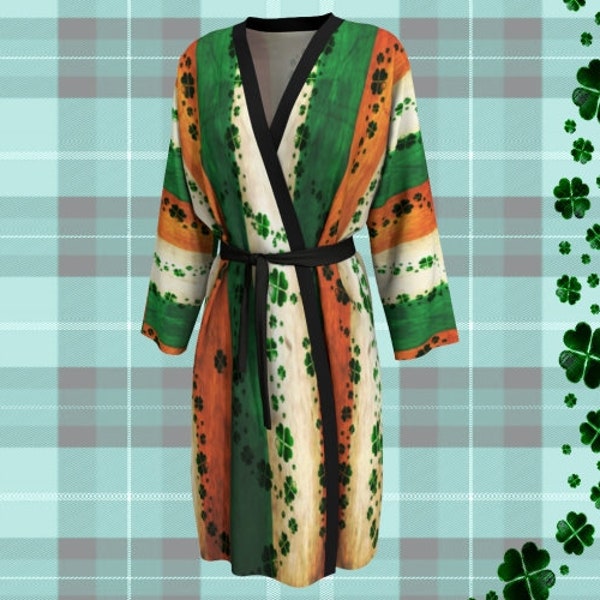 St. Patricks Day Kimono ROBE Womens Long Peignoir Kimono Robe Shamrock Clover Robe Saint Patricks Robe Saint Patties Day Irish Flag Clothing