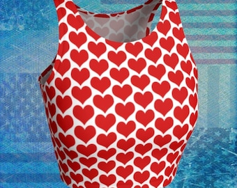 Heart Print Crop Top: Red & White Valentine's Day Athletic Shirt