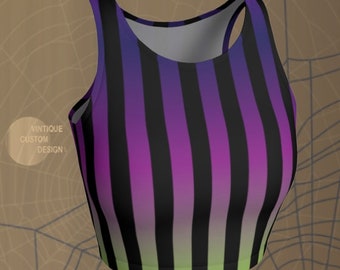 Striped Halloween Crop Top: Women's Rave Costume, Green Purple Black