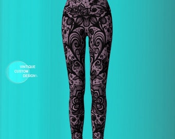 Purple Lace Print Yoga Leggings: Women's Tattoo Tights
