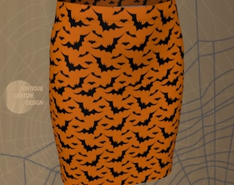 Bat Print Halloween Skirt: Orange & Black Fitted or Flare