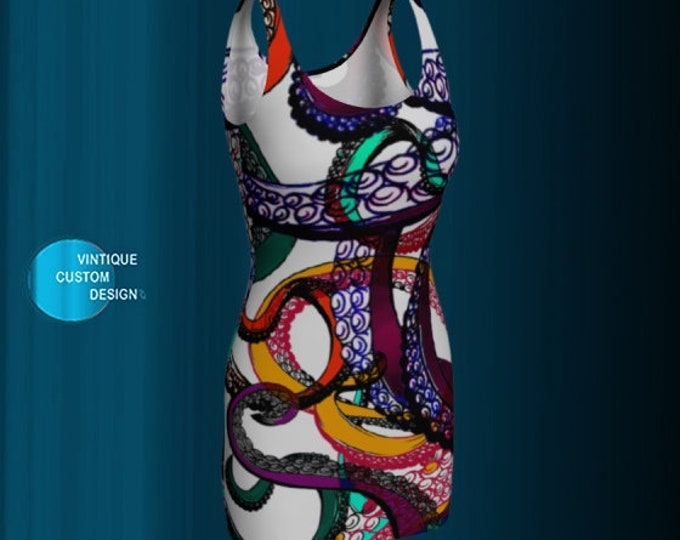 Octopus KRAKEN Dress Womens Body Con Art Print Dress Mythological Cthulhu Art Dress Squid Tentacle Dress Multi Color Designer Fashion Dress
